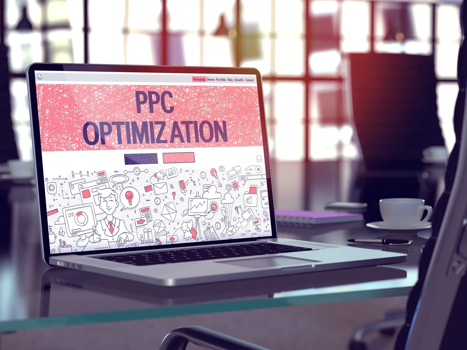 Laptop on a glass office desk displaying a pink doodle-style landing page headed "PPC Optimization", with a coffee cup nearby