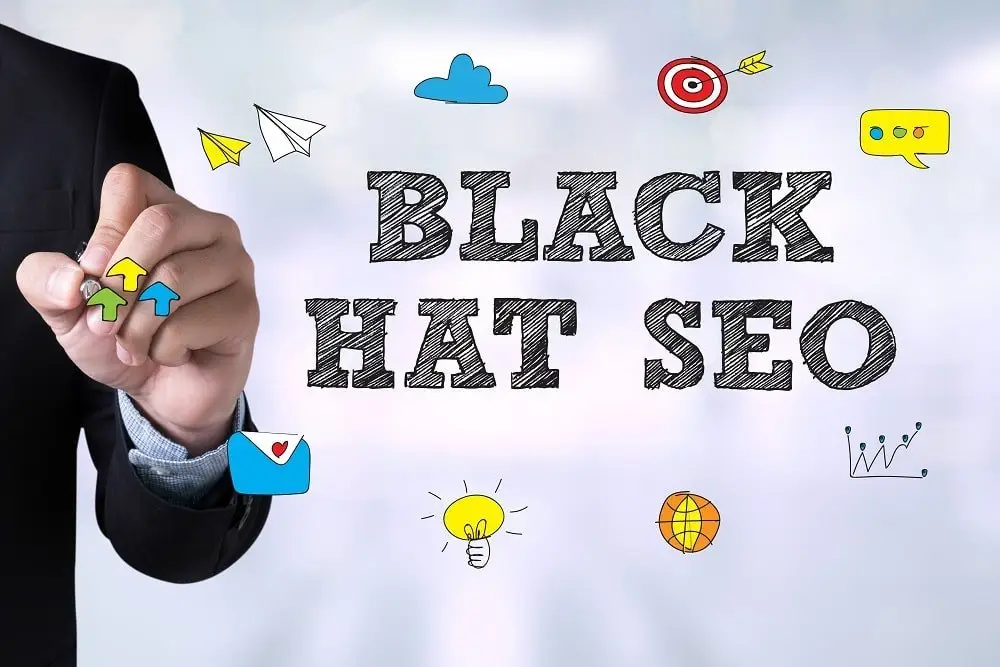 Hand of a man in a suit holding a pen beside sketched words "Black Hat SEO" surrounded by doodled paper planes, a target, lightbulb and chart