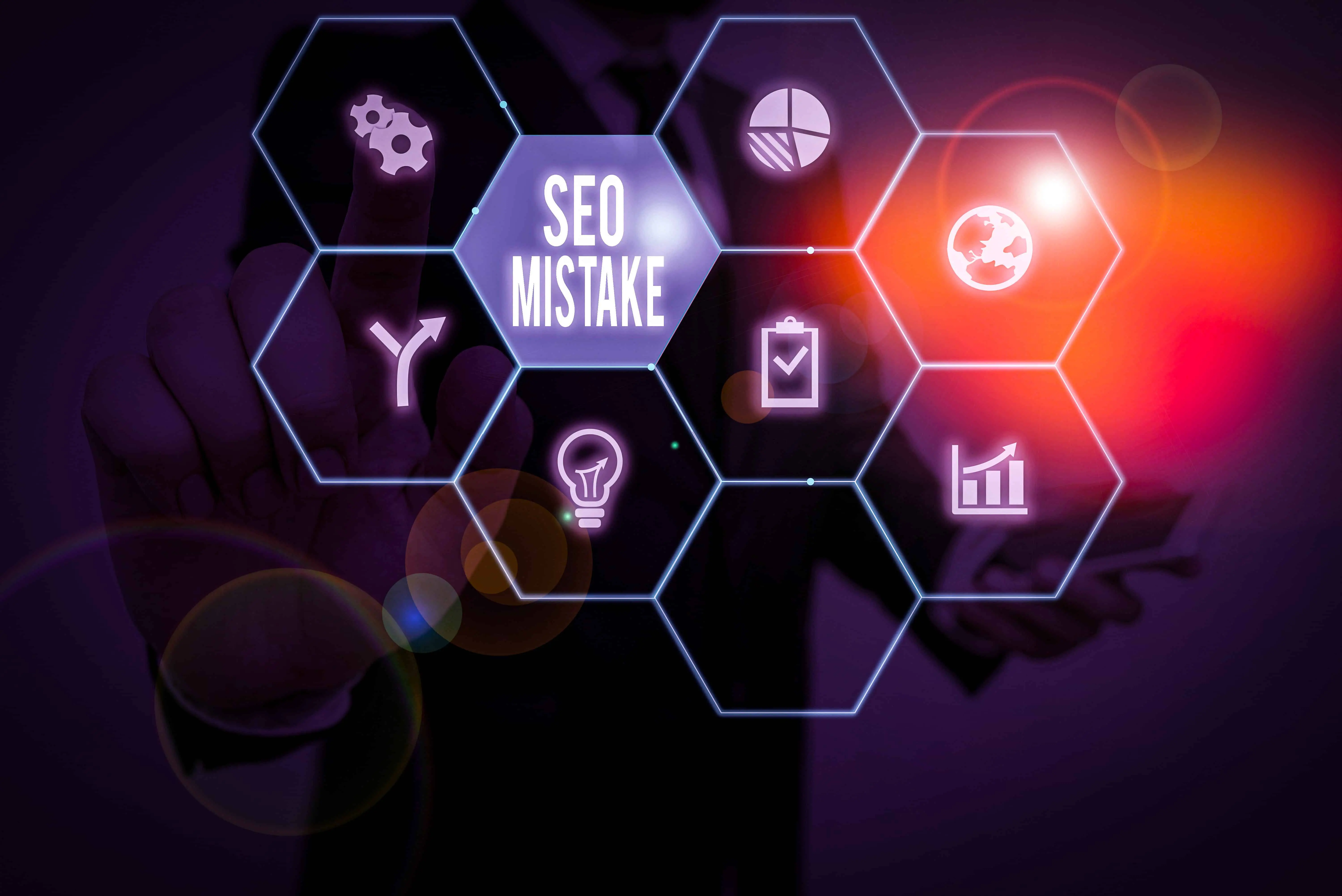Man in a suit touching a glowing hexagon interface on dark purple, center hexagon labelled "SEO Mistake" among chart, globe and lightbulb icons