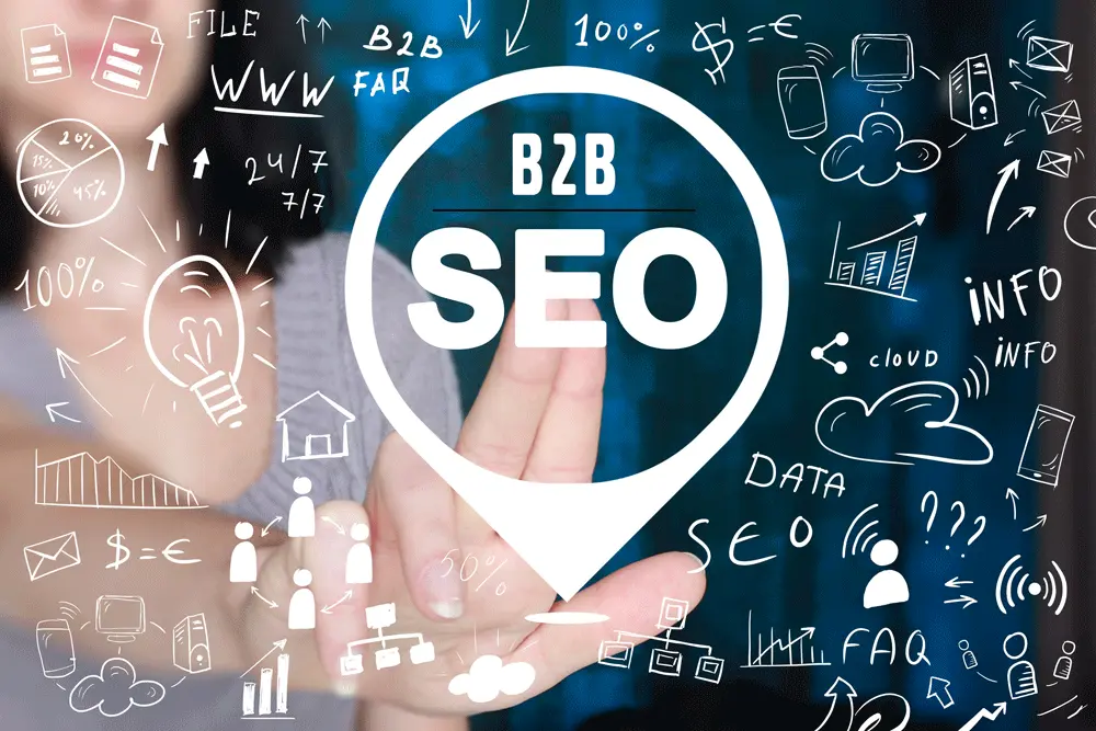 Hand touching a white map-pin outline labeled "B2B SEO" surrounded by hand-drawn marketing icons on a dark blue background