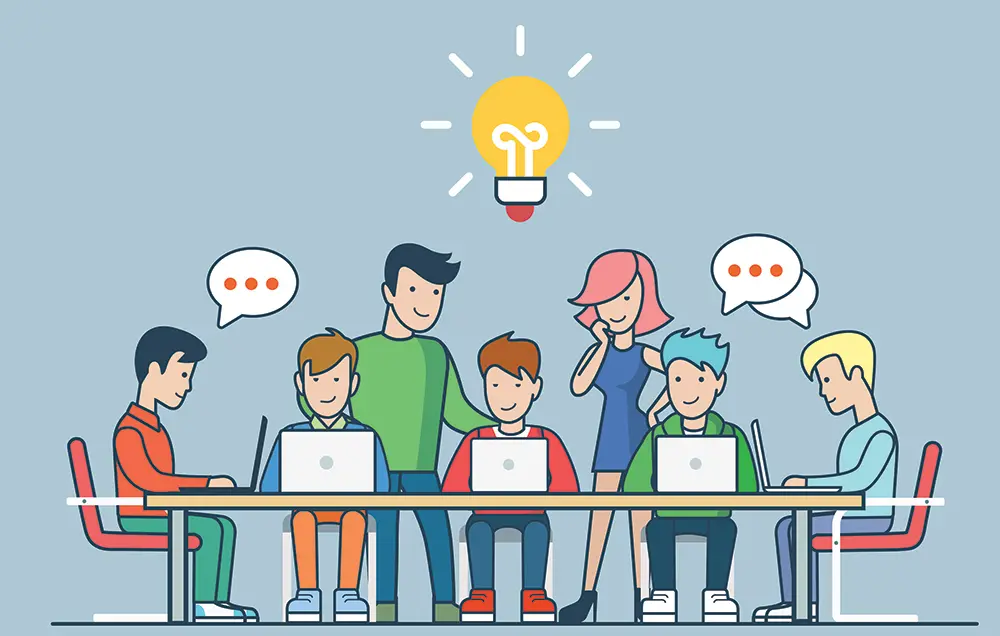 Flat line illustration of a marketing team gathered around a table with laptops and speech bubbles beneath a glowing lightbulb