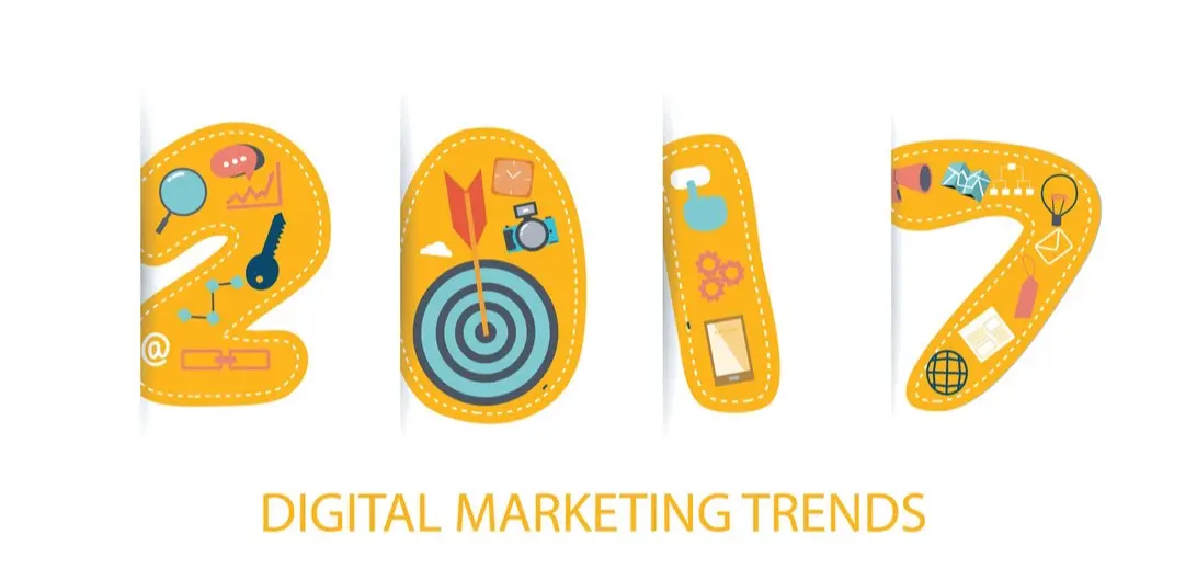 Orange numerals "2017" built from flat marketing icons — magnifier, dartboard, gears, megaphone — above the words "Digital Marketing Trends"