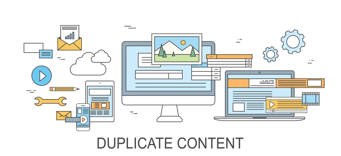 Flat line illustration of a desktop monitor, laptop, tablet and phone all showing the same page layout, captioned "Duplicate Content"