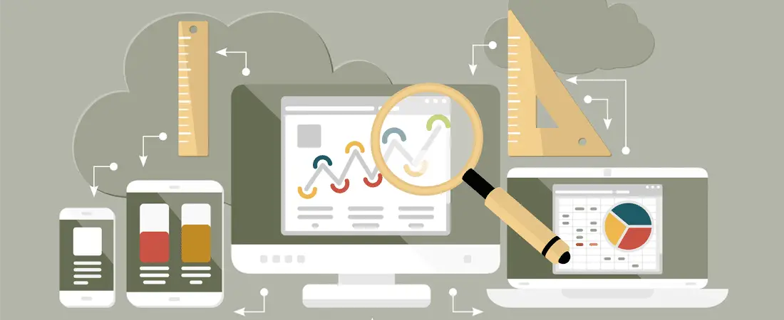 Flat olive-toned illustration of a monitor showing a line chart under a magnifying glass, with phones, a laptop pie chart, rulers and clouds