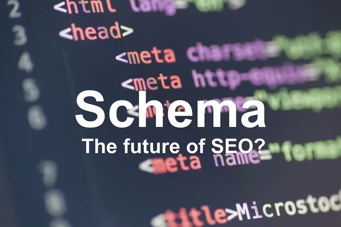 Blurred close-up of HTML head and meta tags on a dark code editor, overlaid with the white text "Schema" and "The future of SEO?"