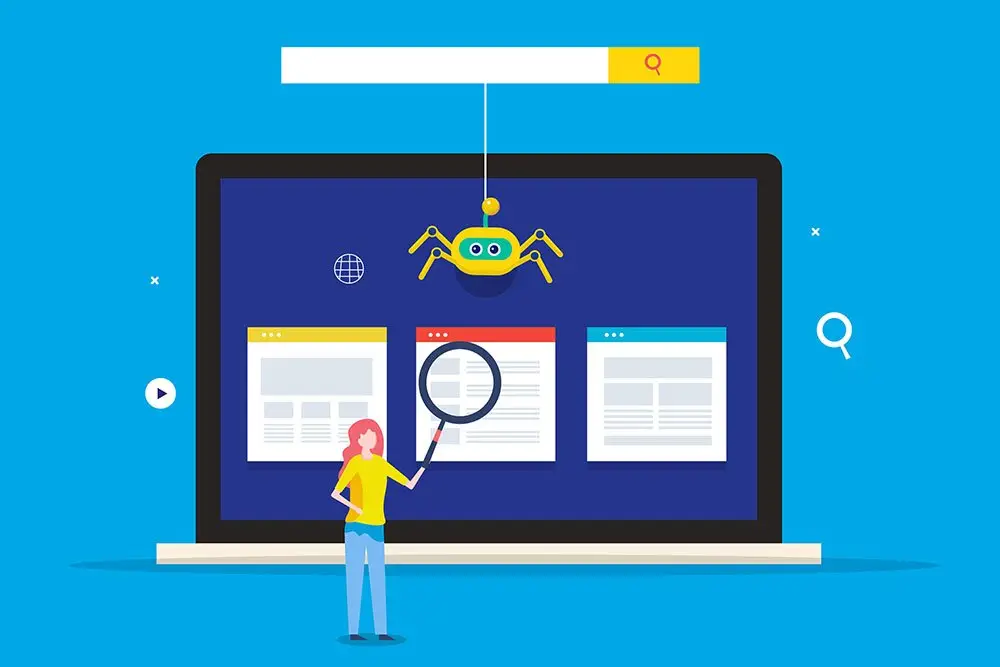 Flat illustration of a yellow robot spider dangling from a search bar over a laptop as a woman holds a magnifying glass to webpages.