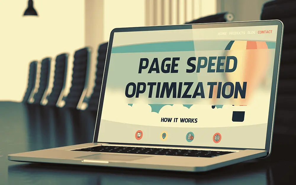 Open laptop in an empty conference room showing a web page headed "Page Speed Optimization" with the subhead "How It Works".