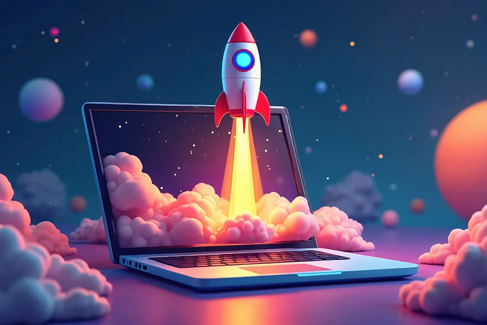 3D render of a cartoon rocket blasting out of a laptop screen amid pink clouds, with planets and stars on a dark blue background