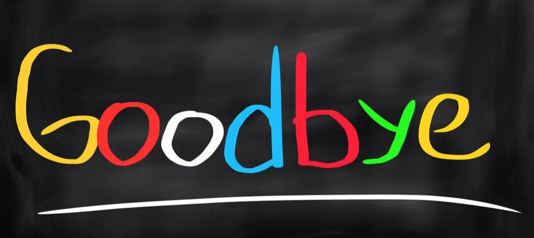 The word "Goodbye" drawn in chalk on a blackboard using Google's blue, red, yellow and green brand colors, with a white underline