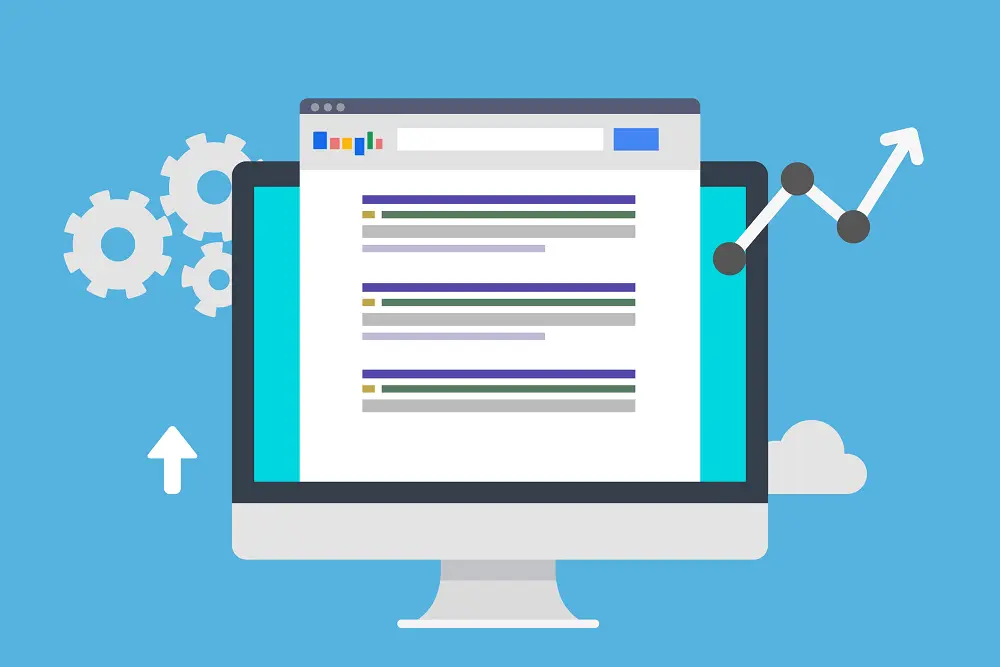 Flat illustration of a desktop monitor showing a search results page, flanked by gears, a cloud and a rising trend arrow on a blue background