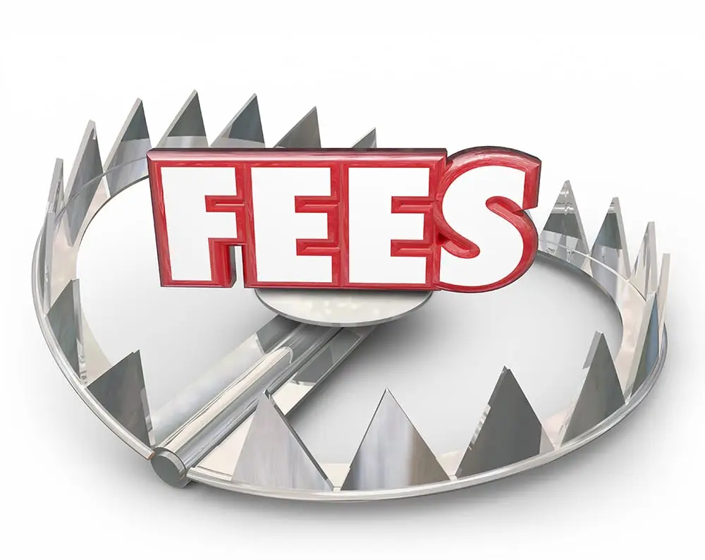 3D render of an open steel bear trap with the red word "Fees" resting on its plate against a white background