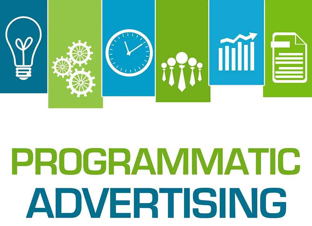 Green and blue vertical bars holding white icons of a lightbulb, gears, clock, team and rising bar chart above bold text "Programmatic Advertising"