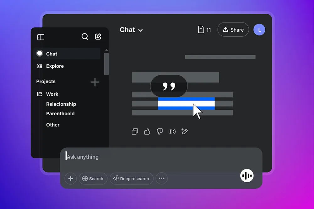Mockup of a dark AI chat assistant on a purple gradient, with a projects sidebar and an "Ask anything" prompt box below a placeholder answer