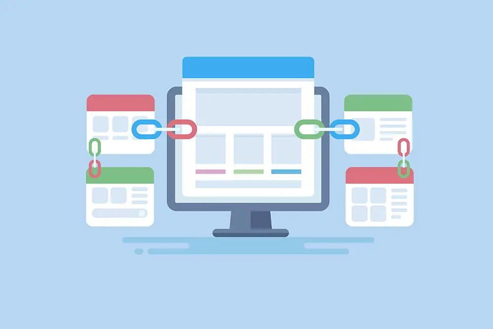 Flat illustration of a desktop monitor showing a webpage, joined by colored chain links to four smaller webpage cards on either side.