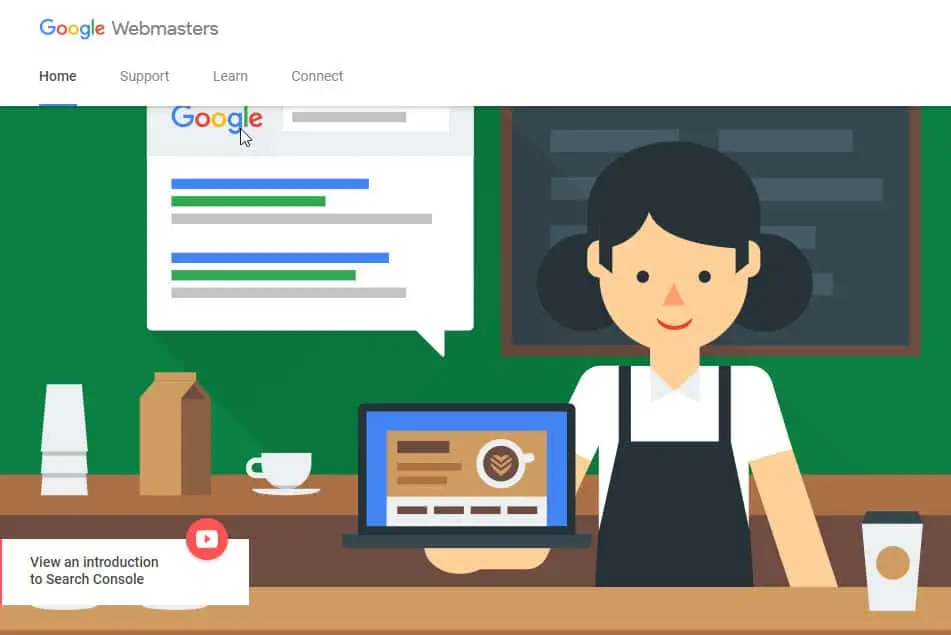 Screenshot of the Google Webmasters homepage showing a flat illustration of a barista at a counter with a laptop and a search-results panel