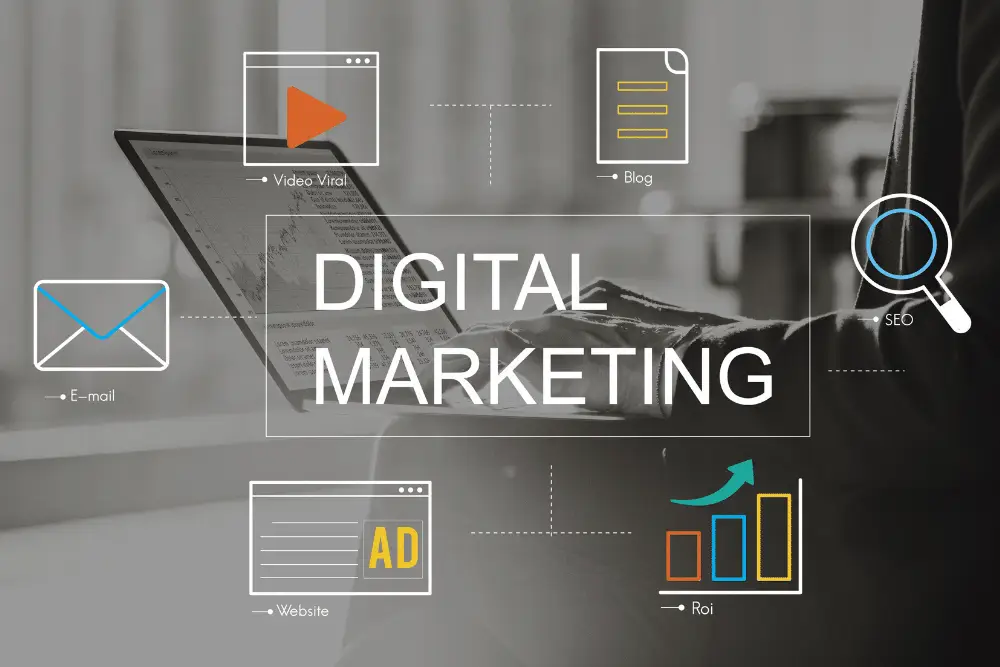"Digital Marketing" over a black-and-white photo of hands typing on a laptop, ringed by E-mail, Blog, SEO, Ad and ROI icons.