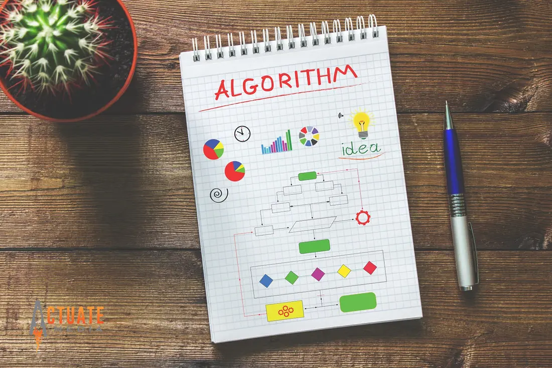 Overhead shot of a graph-paper notepad on a wood desk with a hand-drawn flowchart headed "Algorithm," pie charts and a lightbulb, beside a cactus