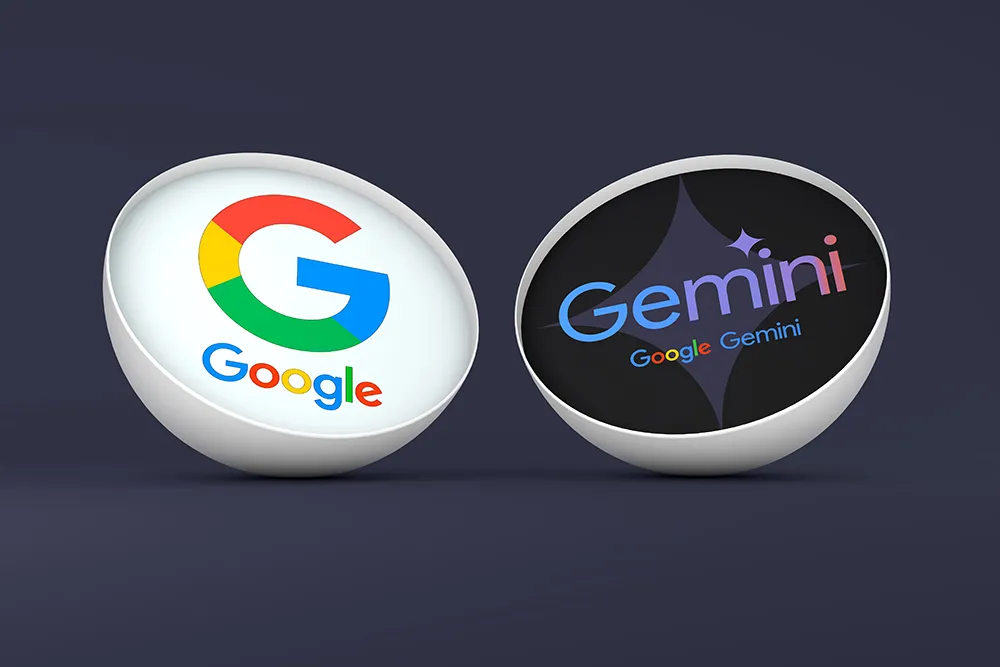 Two white 3D pods on a dark background, one holding the multicolored Google logo and the other the "Gemini" wordmark with a four-pointed star.