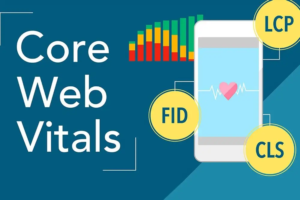Teal graphic reading "Core Web Vitals" with a phone showing a pink heartbeat line, a bar chart, and circles labeled LCP, FID, CLS.