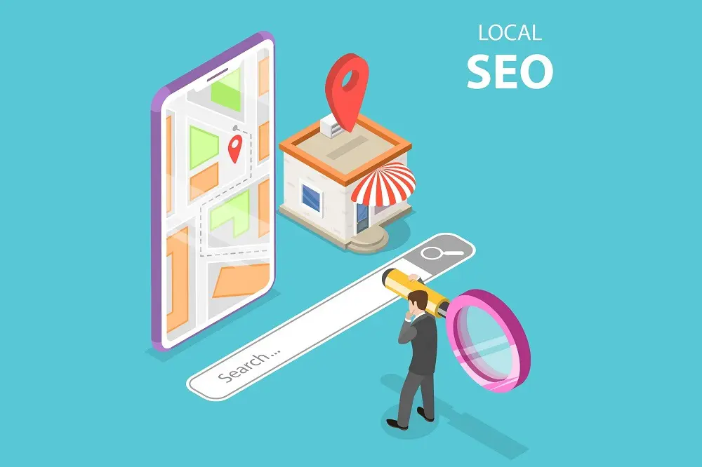 Isometric illustration of a phone showing a map pin, a small shop and a businessman carrying a magnifying glass over a search bar, captioned "Local SEO"