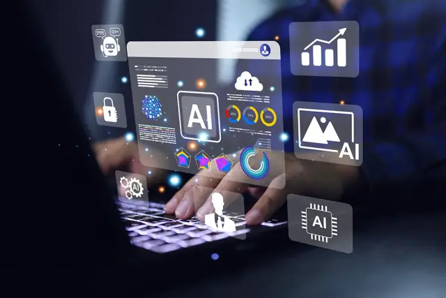 Hands typing on a laptop with floating AI interface icons, including a browser window marked AI, charts, and a chatbot