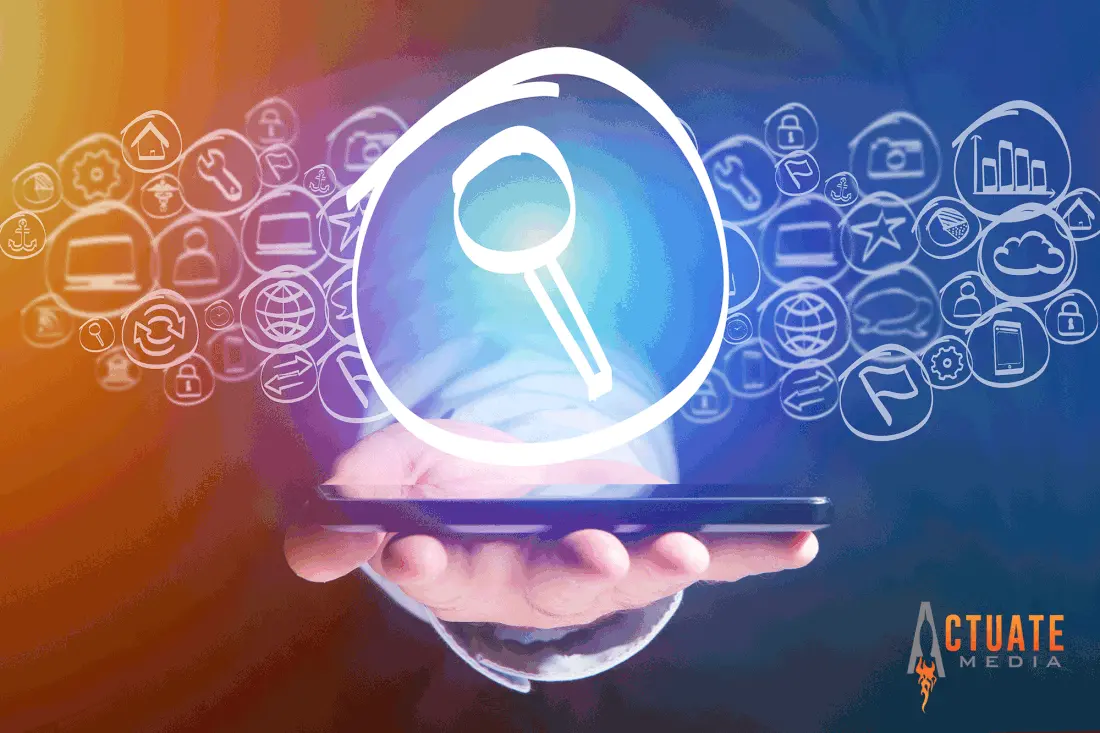 Hand holding a smartphone as a glowing circled key icon and rows of sketched app icons float above it on an orange-to-blue gradient