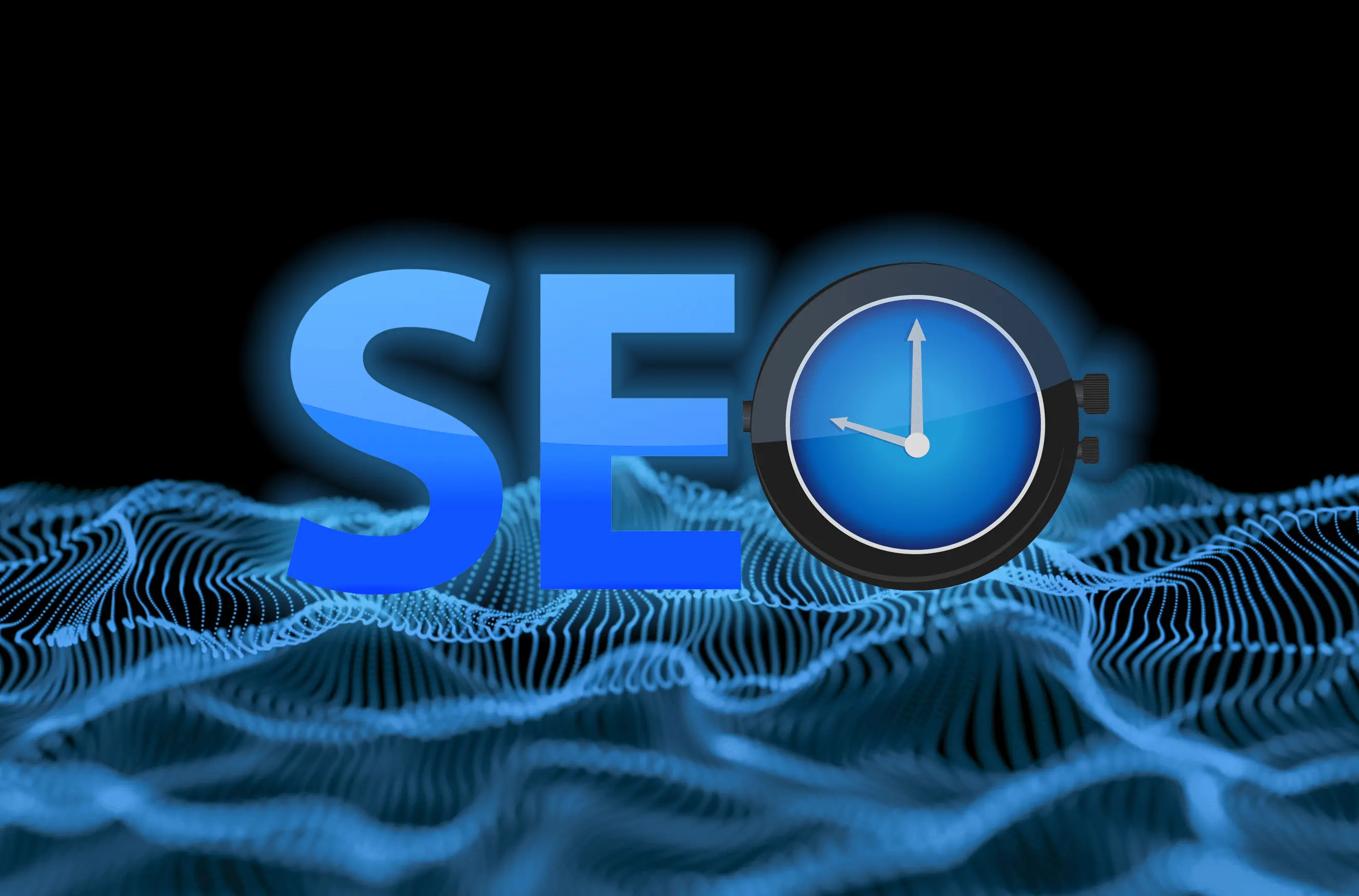 Dark 3D render of glossy blue letters "SEO" with a clock face forming the O, rising above a blue digital wave landscape