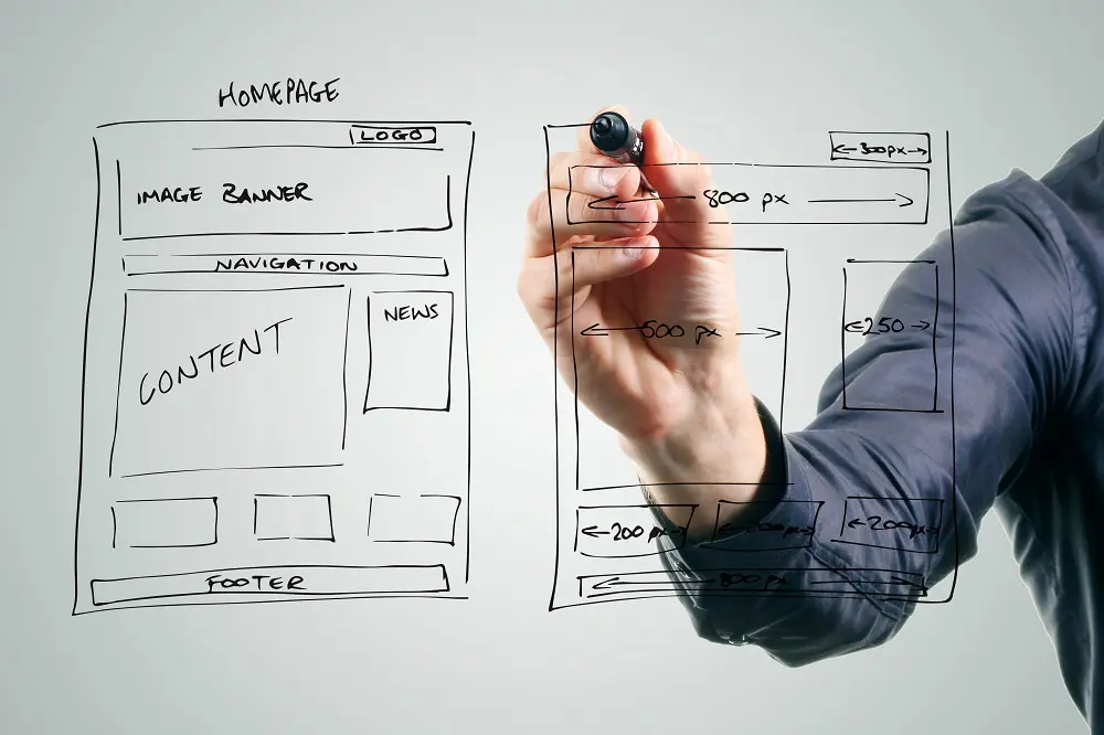 Hand sketching a website wireframe on glass, labeled "Homepage," "Image Banner," "Navigation," "Content" and "Footer" with pixel widths