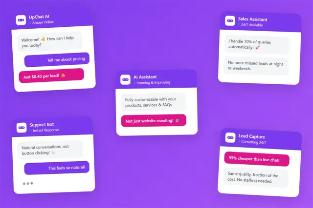 Five website chat widget mockups on a purple background showing sample AI assistant conversations about pricing, support, and lead capture