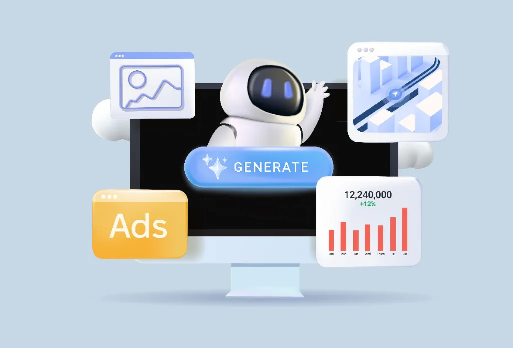 3D illustration of a white robot behind a desktop monitor with a glowing "Generate" button, surrounded by floating windows for an image, a map, an orange "Ads" tile, and a bar chart reading 12,240,000 with +12% growth